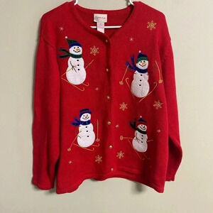 Crystal Kobe Christmas Sweater Snowman Skiing Button Cardigan Holiday Medium